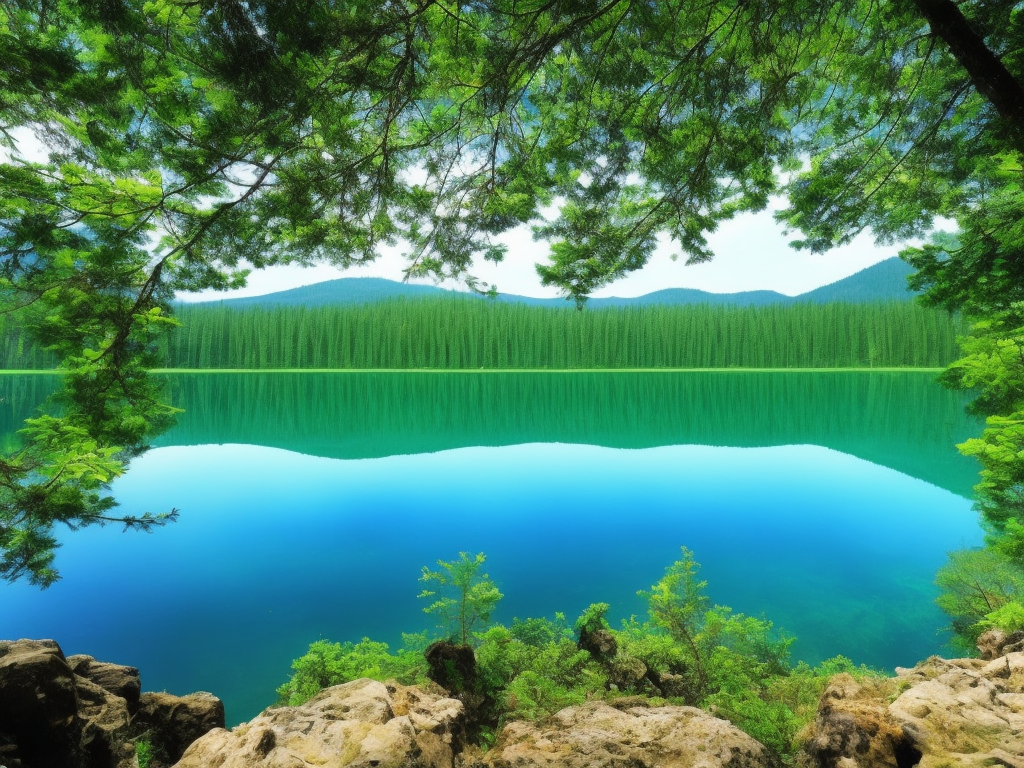 An image showcasing a serene lake nestled between lush green mountains, with crystal-clear water reflecting the blue sky