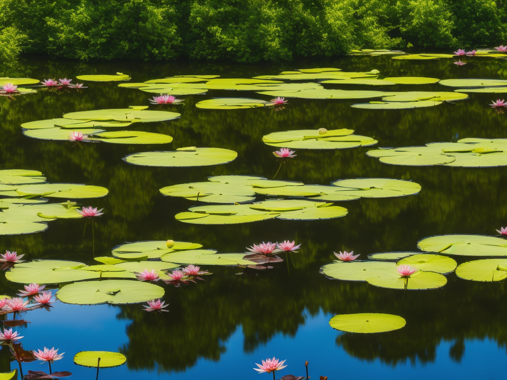 An image showcasing a serene, glassy pond adorned with vibrant aquatic plants: lily pads with their elegant blooms, delicate lotus flowers emerging from the water, and tall, slender cattails swaying gently in the breeze
