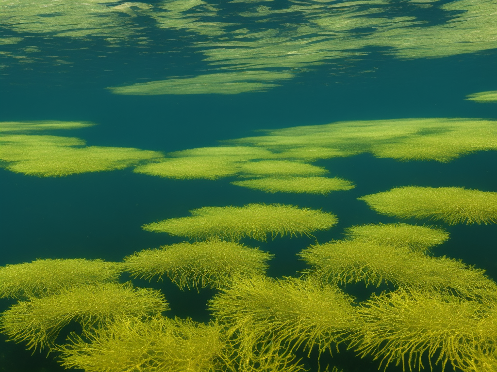 An image showcasing a variety of aquatic plant species: floating mats of green algae intertwined with long, feathery strands of water milfoil, and tall, slender stalks of submerged elodea reaching towards the water's surface