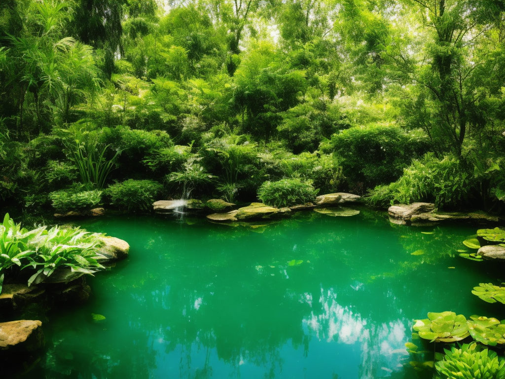 An image showcasing a serene backyard pond, surrounded by vibrant green plants