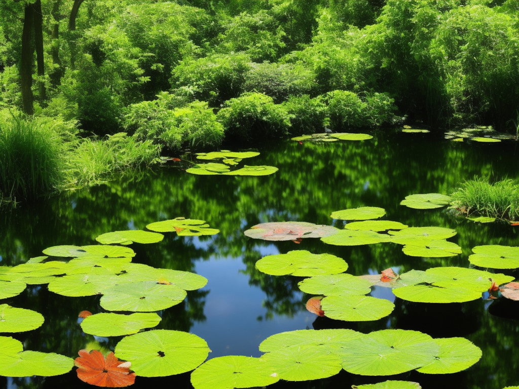 An image showcasing a serene backyard pond, surrounded by lush greenery