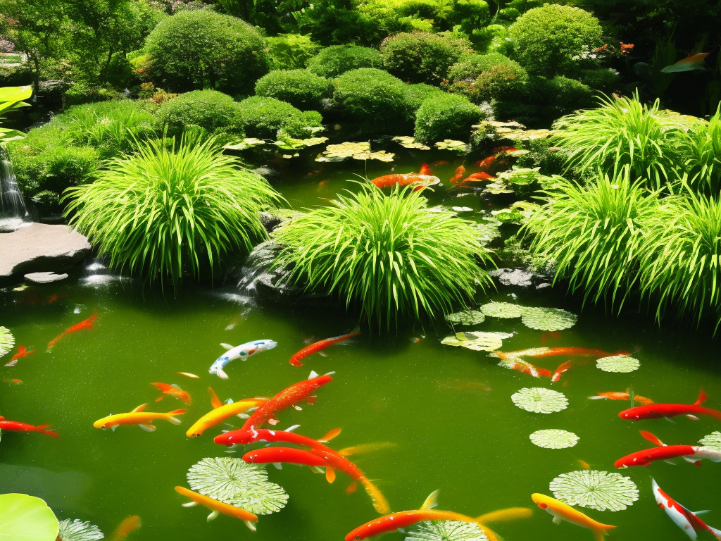 a lush garden backdrop, sunlight filtering through leafy branches, as a serene koi pond takes center stage