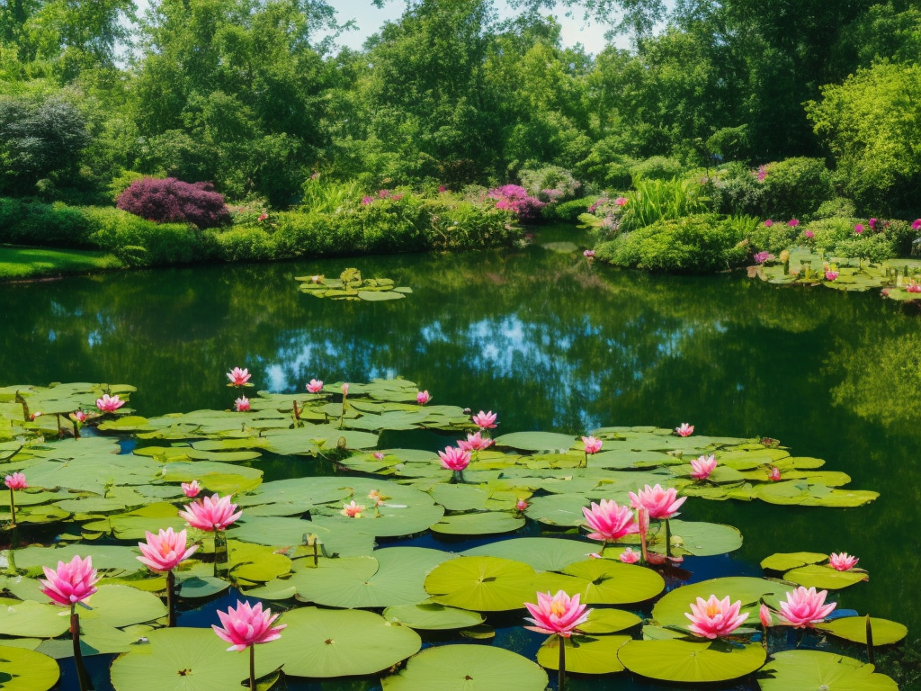 An image showcasing a vibrant, well-maintained backyard oasis, complete with a picturesque pond adorned with water lilies, surrounded by lush greenery, blooming flowers, and carefully arranged landscaping supplies