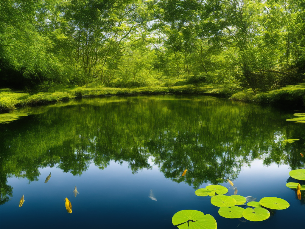 An image showcasing a serene pond scene with a variety of aquatic plants, aeration equipment gently bubbling, sunlight reflecting on the water's surface, and fish swimming freely, symbolizing enhanced pond health, oxygenation, winter benefits, and a thriving ecosystem