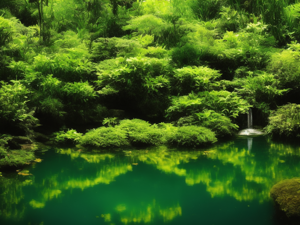 An image showcasing a vibrant pond teeming with lush aquatic plants, surrounded by a diverse array of aquatic creatures