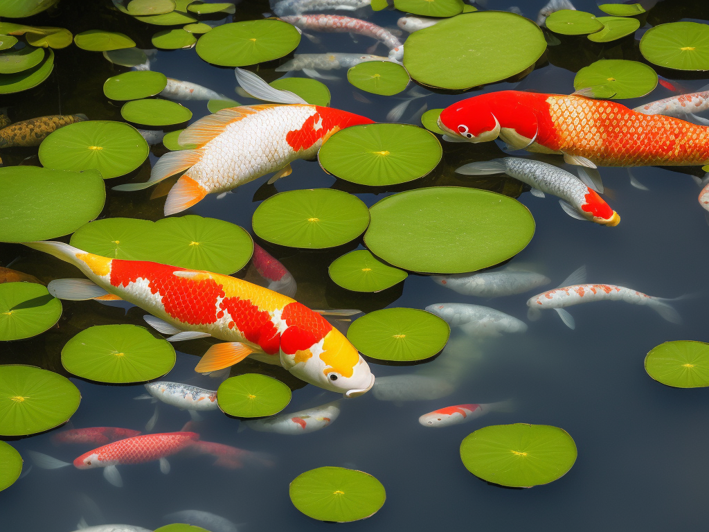 An image showcasing a colossal Koi fish gracefully gliding through a tranquil pond, its vibrant and intricate scales shimmering under the sunlight, while dwarfing the surrounding lily pads and mesmerizing onlookers
