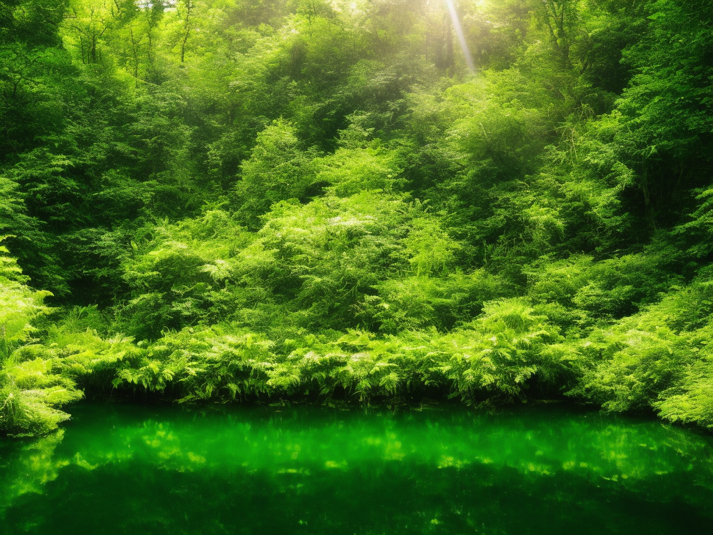 An image showcasing a serene, small pond surrounded by lush greenery