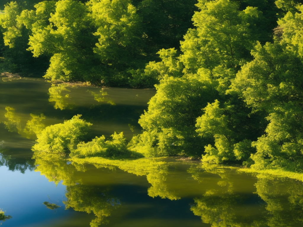 An image showcasing a serene landscape with a vast, crystal-clear pond reflecting the golden rays of the sun