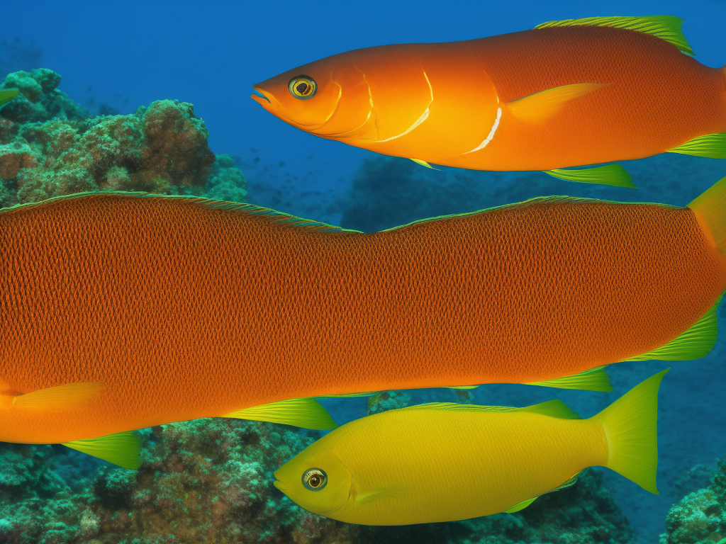An image showcasing two vibrant fish species side by side, each displaying distinctive characteristics like elongated fins, bright colors, and unique patterns, illustrating the various physical traits that differentiate male and female fish