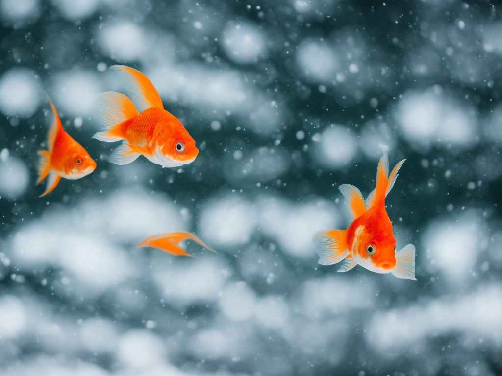 An image capturing the resilience of goldfish in frigid conditions: a serene, frozen pond surrounded by snow-covered trees, with a single goldfish gracefully swimming amidst floating ice, embodying their ability to survive in extreme cold
