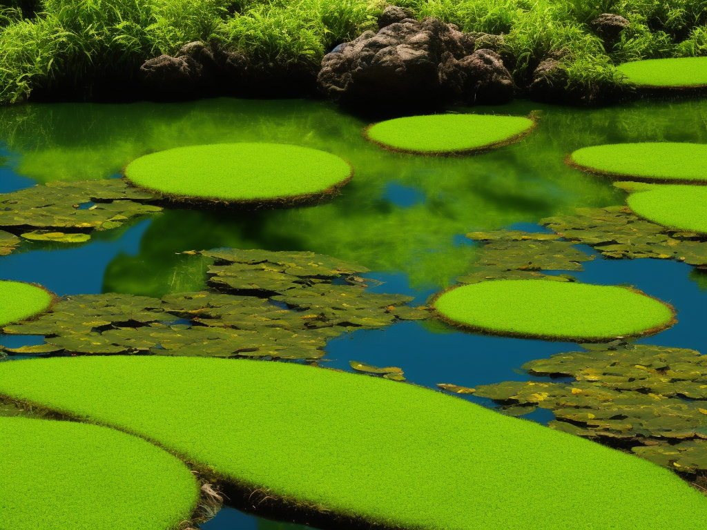 An image showcasing a vibrant, shallow pond teeming with diverse aquatic plants