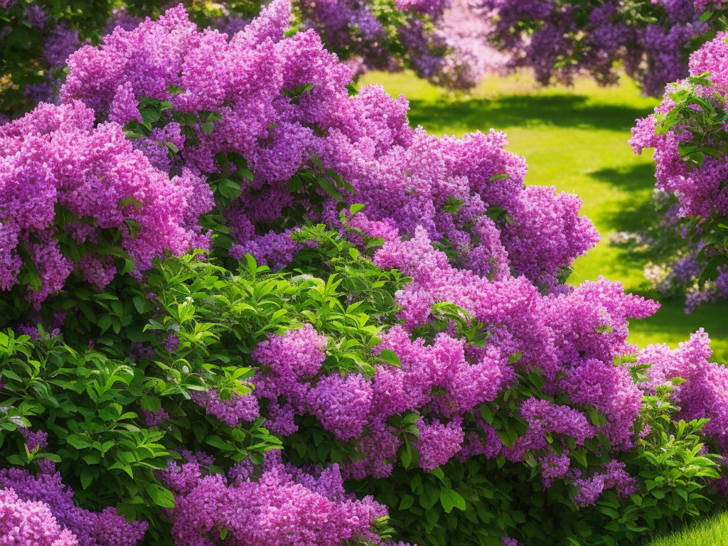An image showcasing a lilac bush thriving in full bloom, elegantly positioned in a sun-kissed garden