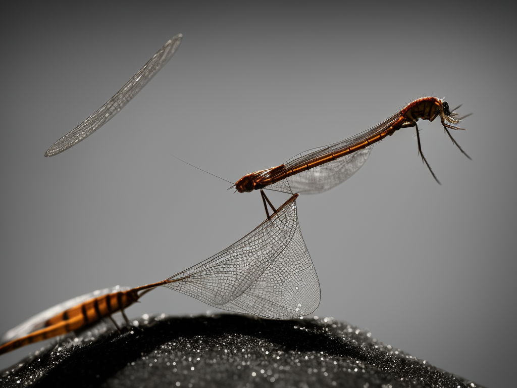An image showcasing the ephemeral beauty of a fleeting mayfly's life: a delicate insect emerging from a watery habitat, its gossamer wings shimmering in the sunlight, symbolizing the brevity of existence