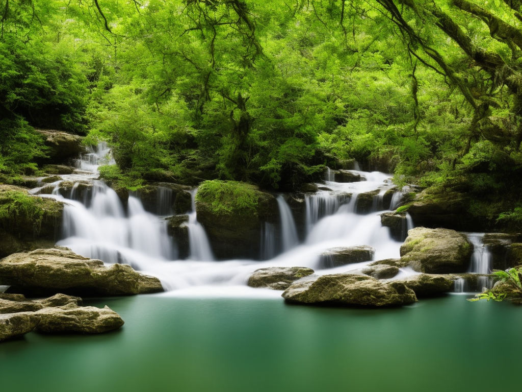 An image showcasing a tranquil pond scene with crystal-clear water, gently rippling from a cascading waterfall