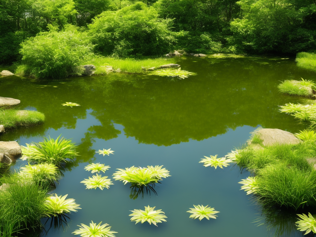 E image of a freshly dug pond, filled with crystal-clear water reflecting the surrounding lush greenery