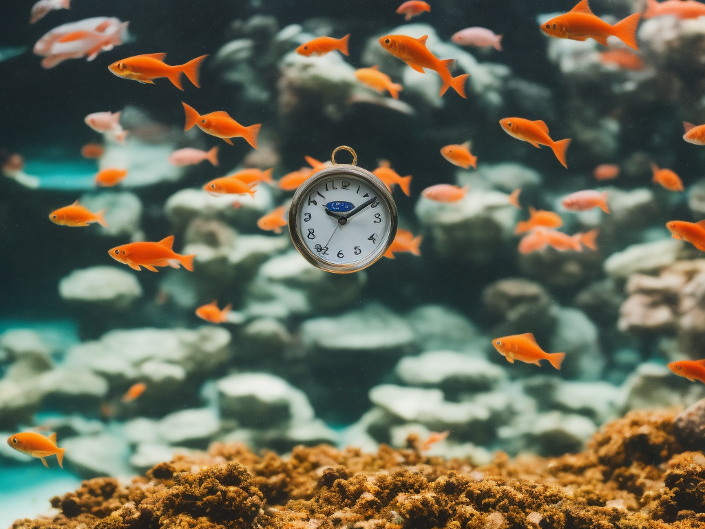 An image showcasing a serene aquarium setting with a clock in the background, highlighting the precise moments when a hand drops delicate flakes of food into the water, indicating the frequency of feeding goldfish