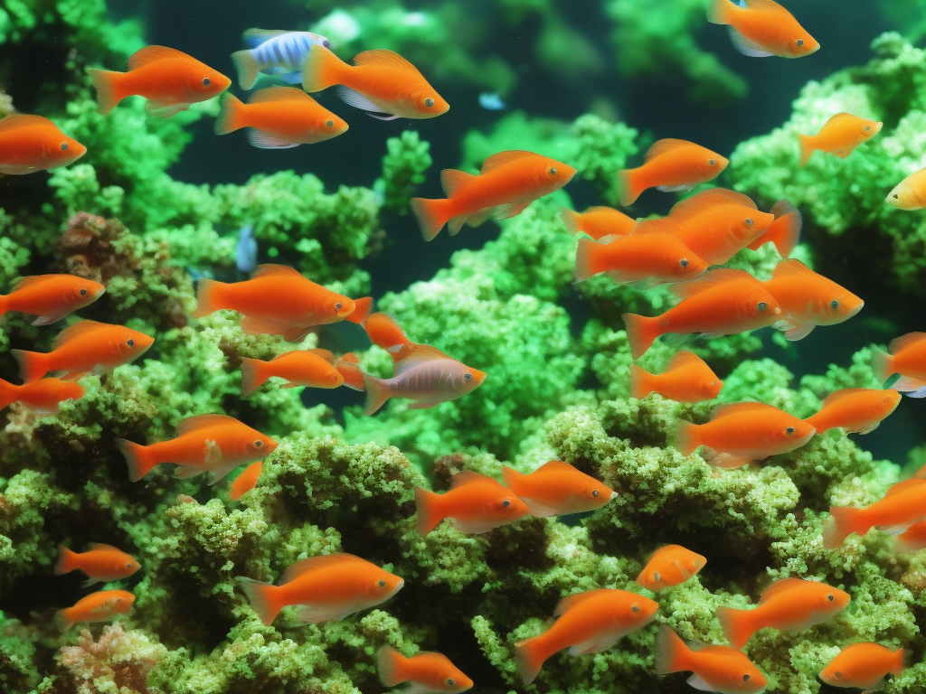 An image showcasing a vibrant aquarium teeming with guppies, their mouths eagerly gulping down flakes and brine shrimp