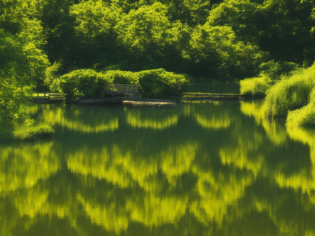 An image showcasing a serene pond surrounded by lush greenery, with a picturesque wooden dock extending into the water