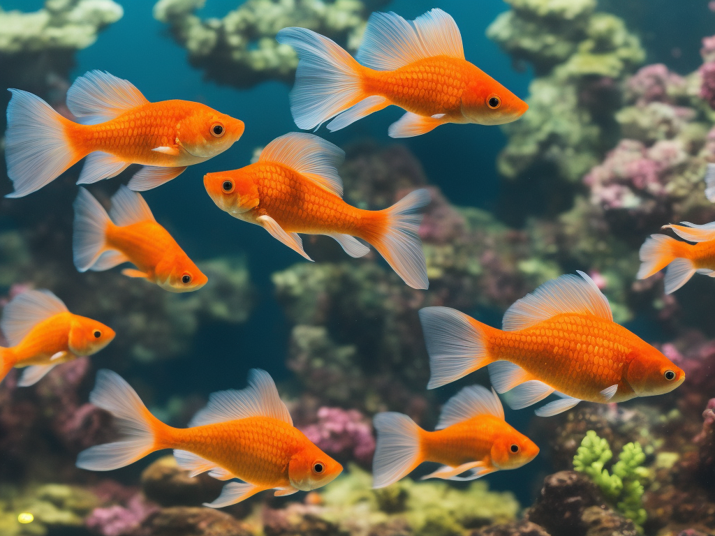 An image showcasing two vibrant goldfish gracefully swimming in a spacious, crystal-clear aquarium, surrounded by lush aquatic plants