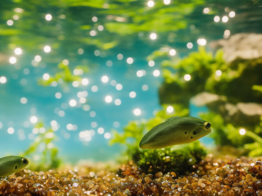 An image showcasing a glass aquarium filled with crystal-clear water, adorned with lush aquatic plants and a gentle stream of bubbles