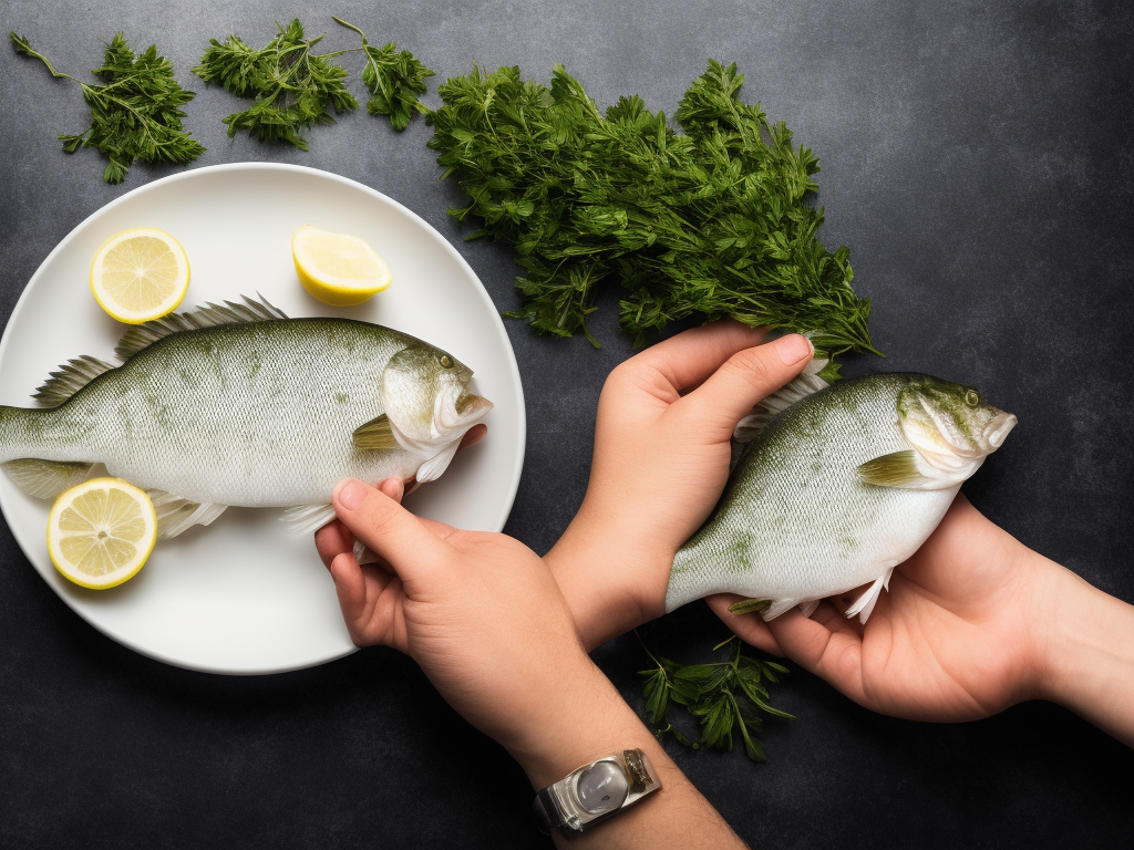 An image of a pair of hands delicately holding a freshly caught crappie fish, surrounded by a clean, stainless steel sink filled with crystal clear water, a sharp fillet knife, and a pile of fresh herbs