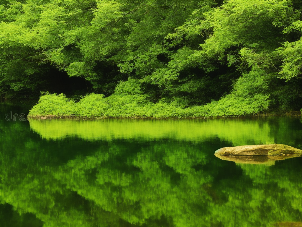 An image showcasing a serene pond scene surrounded by lush greenery