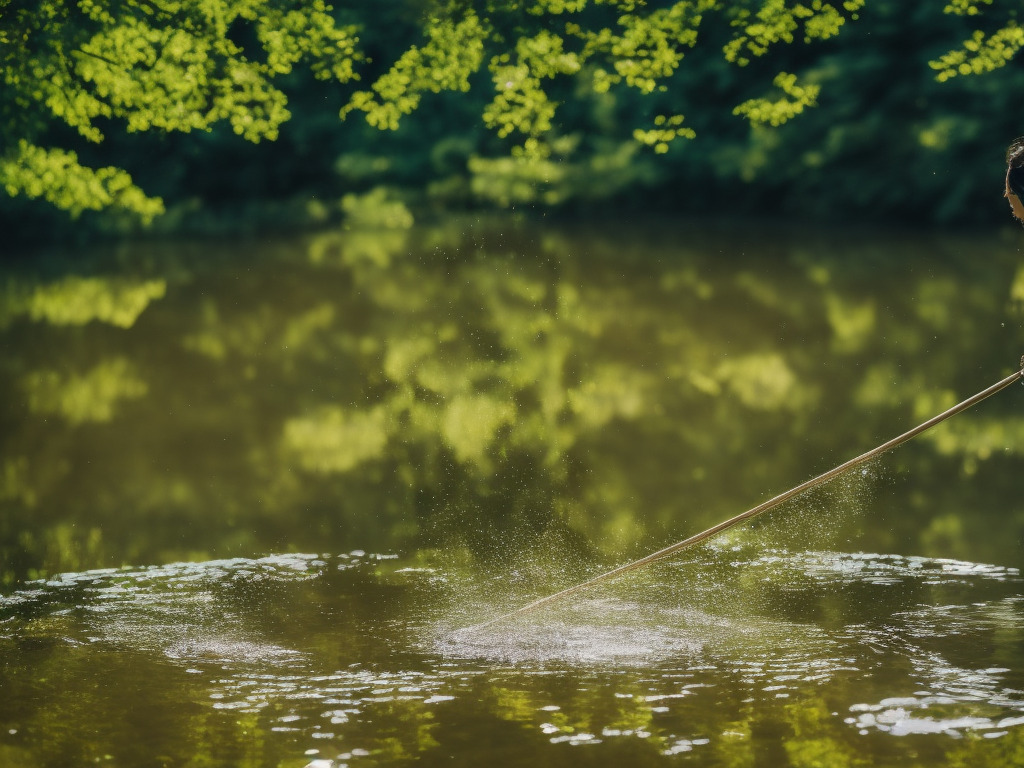 An image capturing a serene pond scene, showcasing a person gently stirring a pool of muddy water with a long-handled net