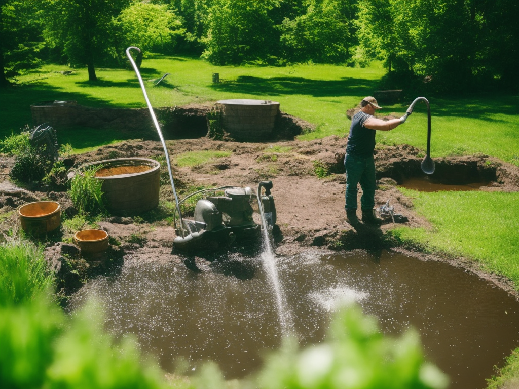 An image capturing the step-by-step process of draining a pond: a person wearing rubber boots, using a pump to suction water, as it flows through a long hose, revealing the muddy pond bed