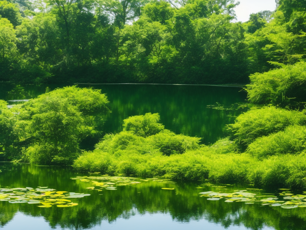 An image showcasing a serene, sun-kissed large pond surrounded by lush greenery, with a variety of aquatic plants and fish thriving, while algae-free water sparkles crystal clear under a vibrant blue sky