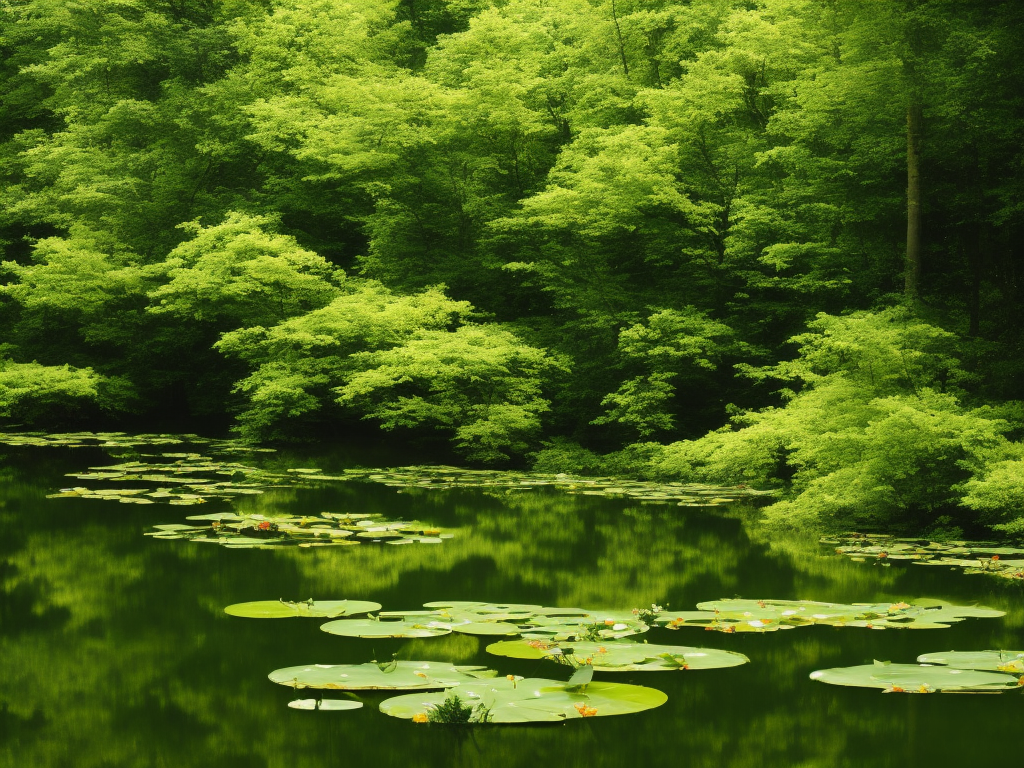 An image depicting a serene pond surrounded by lush greenery