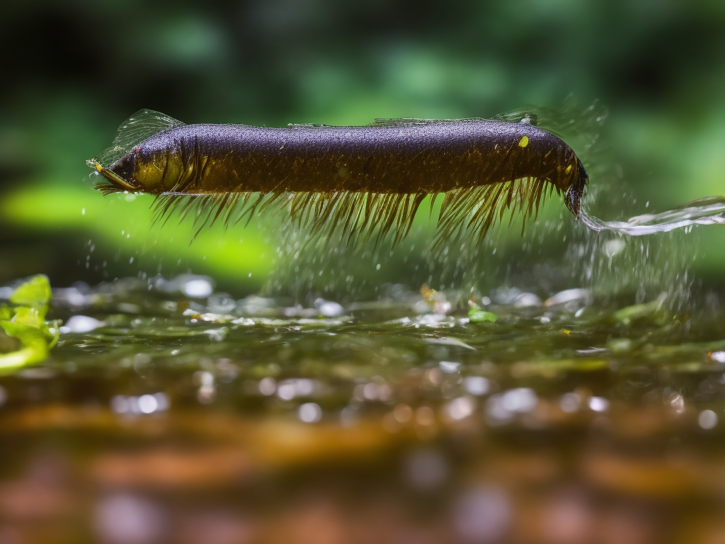 An image depicting a serene pond surrounded by lush vegetation, with a mosquito larvae eating fish swimming near the surface