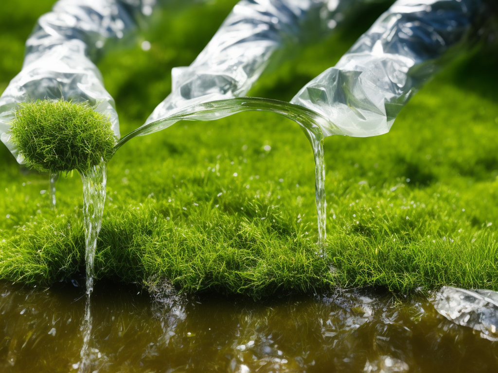 An image showcasing the step-by-step process of removing pond grass, with a close-up shot of gloved hands gently pulling out the overgrown grass from the water's surface, revealing a clear and vibrant pond beneath