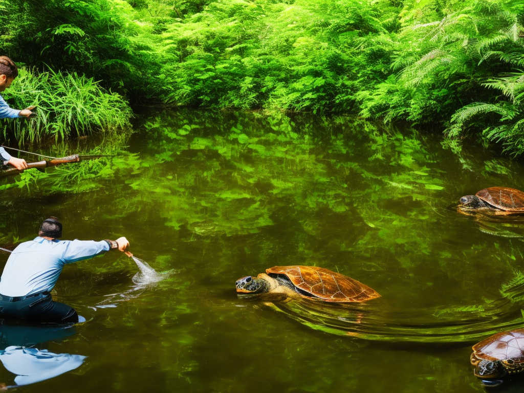 An image showcasing a serene pond surrounded by lush vegetation