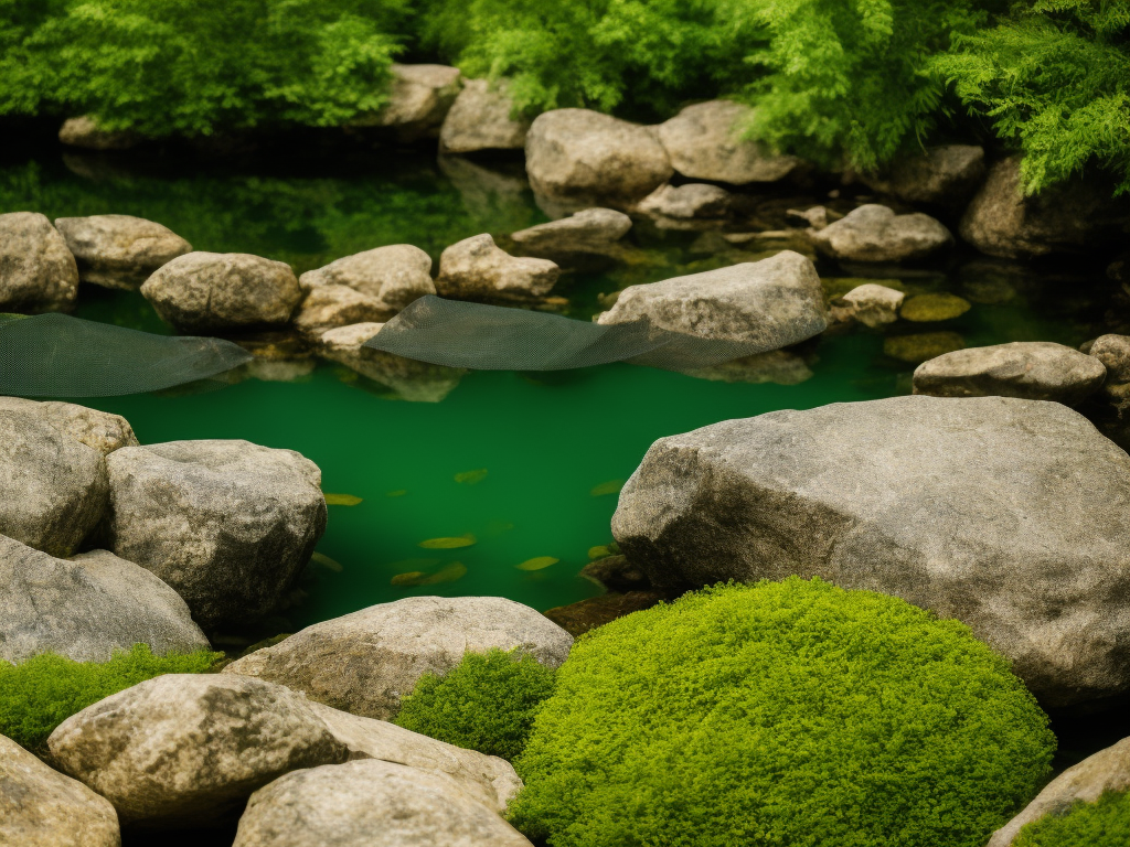 An image showcasing a pond with strategically placed rocks and mesh netting securely holding down lush green aquatic plants, preventing them from floating