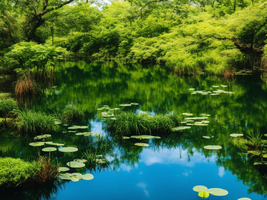 An image showcasing a serene pond with clear blue water, surrounded by vibrant aquatic plants