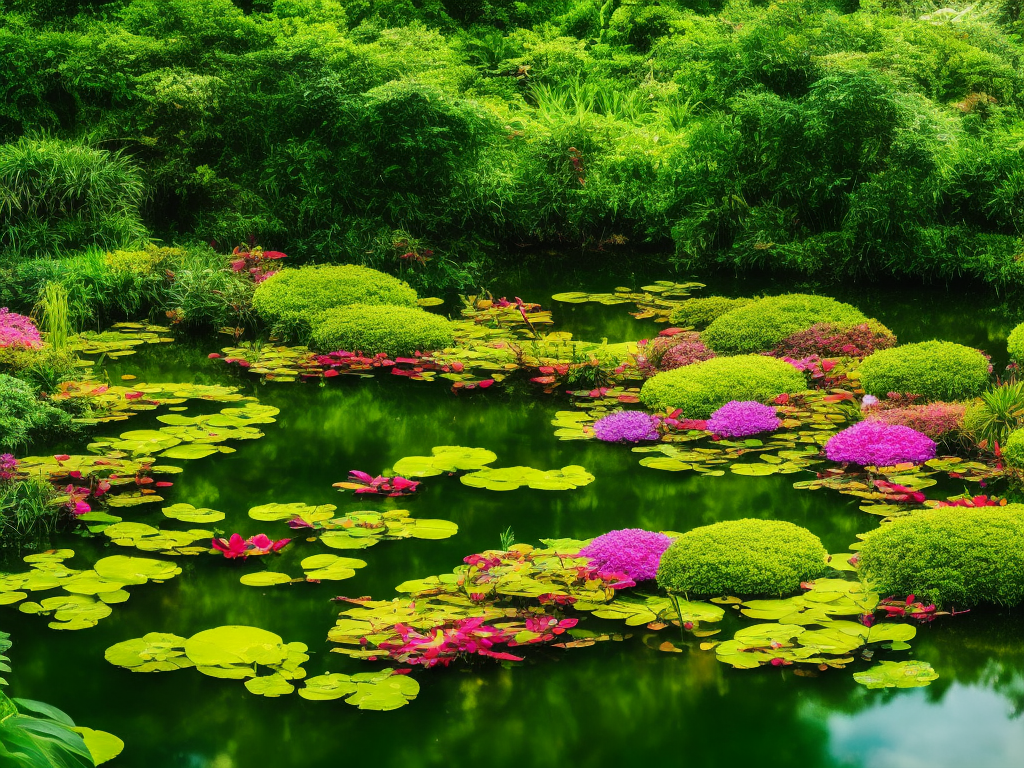 Nt, lush pond teeming with life, surrounded by an array of exquisite artificial plants and flowers, meticulously crafted to mimic nature's beauty