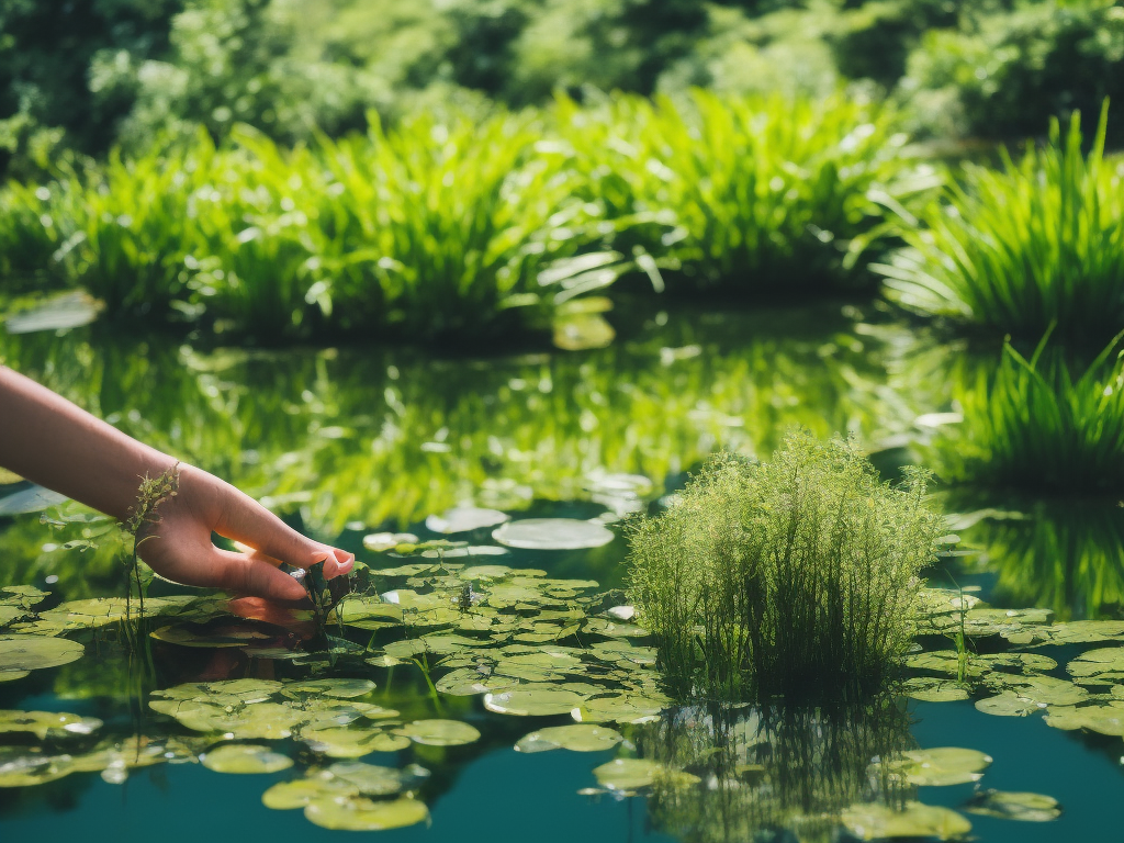 An image that showcases a serene pond setting, featuring hands gently placing aquatic plants into the calm water