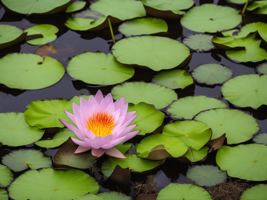 An image showcasing a pair of gardening gloves gently placing a vibrant water lily, its roots delicately nestled in a woven basket filled with nutrient-rich soil