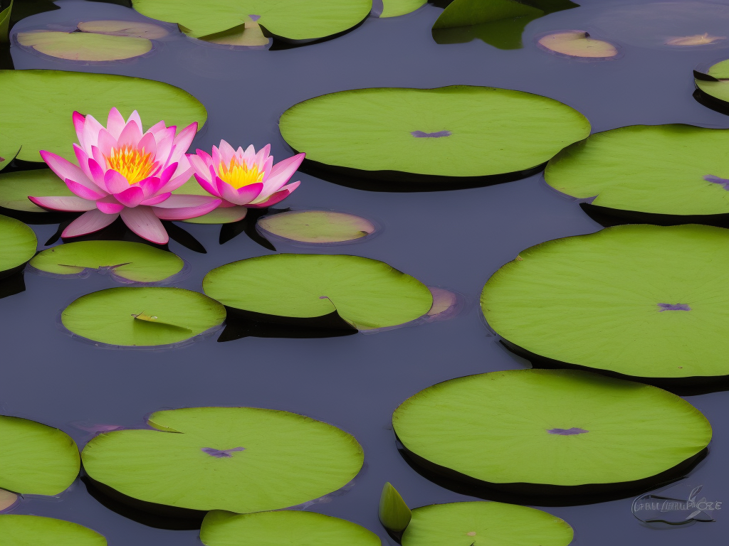 An image showcasing a pair of gloved hands gently submerging vibrant water lilies and floating lotus pads into a tranquil pond, surrounded by lush green aquatic vegetation and sparkling water reflections