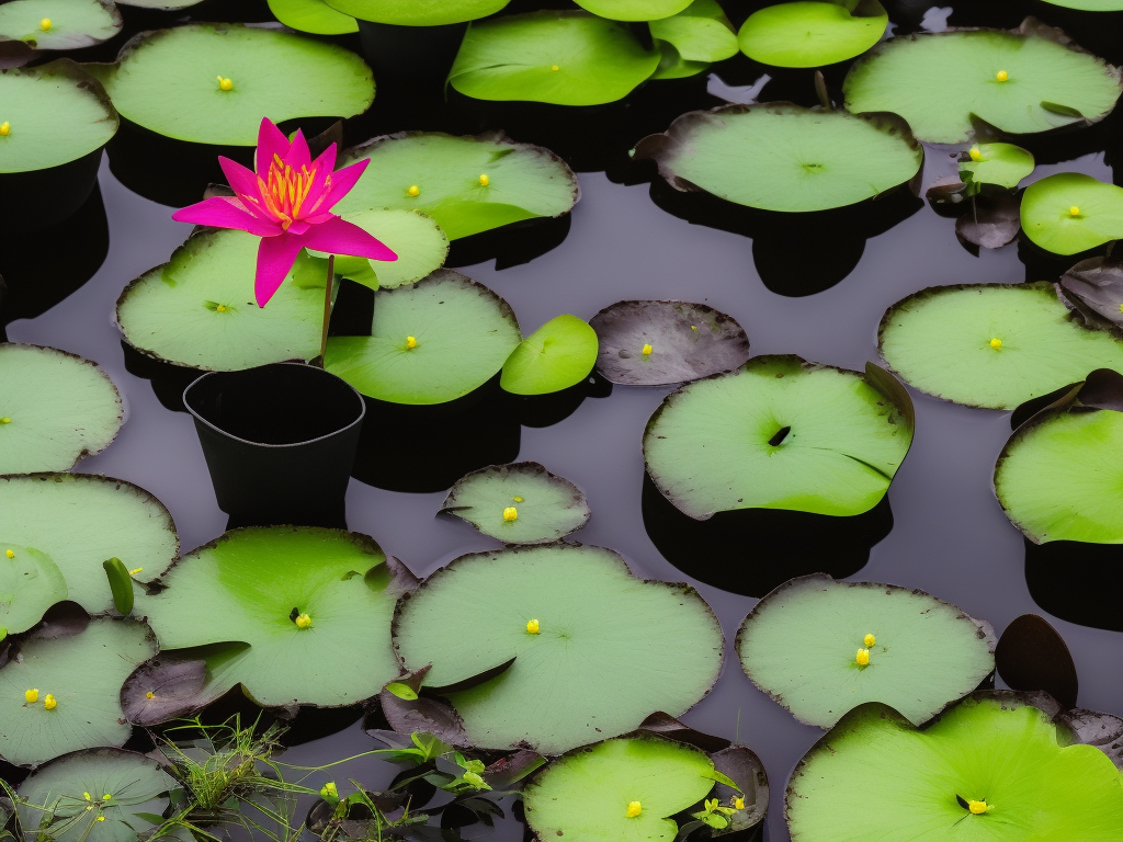 An image showcasing a pair of gloved hands gently holding a submerged pond plant while placing it into a ceramic pot filled with nutrient-rich soil