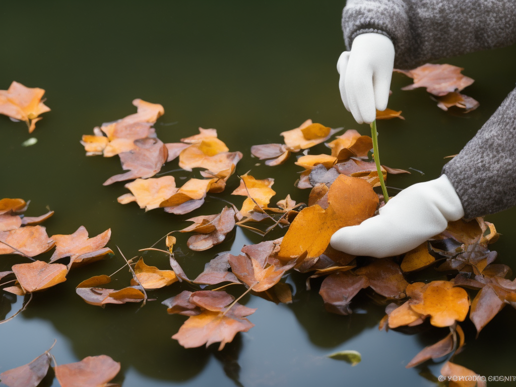 An image showcasing a pair of gloved hands gently trimming and removing yellowed leaves and dead stems from submerged pond plants