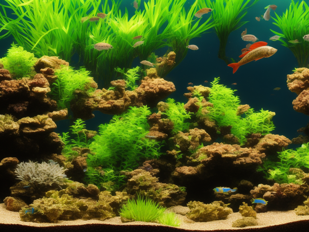 An image showcasing a flourishing aquarium with a diverse array of aquatic plants and fish, a strategically placed leech trap, an aeration system, and the nitrogen cycle process visibly depicted through sludge decomposition and nutrient conversion