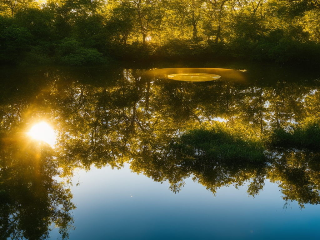 An image capturing the serenity of a pond at sunset, with a floating pond aerator gently churning the water, creating mesmerizing ripples and enhancing the overall beauty and health of the ecosystem