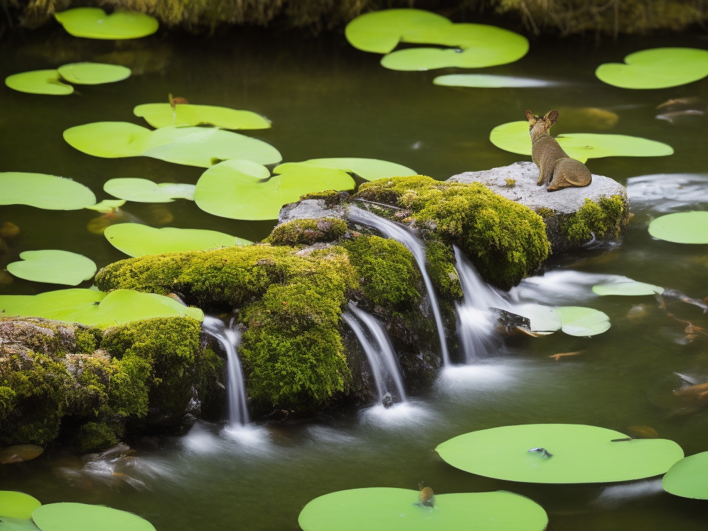 An image showcasing a serene pond scene, where a diverse array of predator and prey species coexist harmoniously