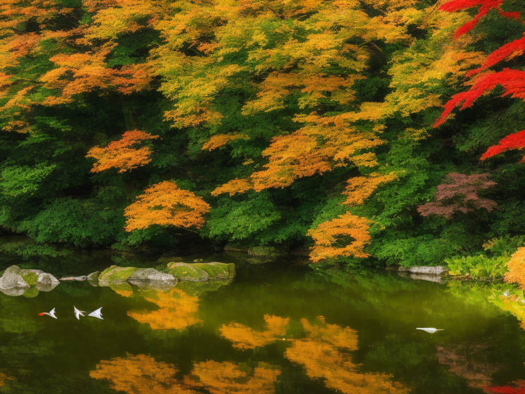 An image showcasing a serene pond surrounded by vibrant autumn foliage, a net gently skimming the water's surface to remove fallen leaves, while colorful koi fish eagerly swim towards a feeding area, capturing the essence of seasonal pond care