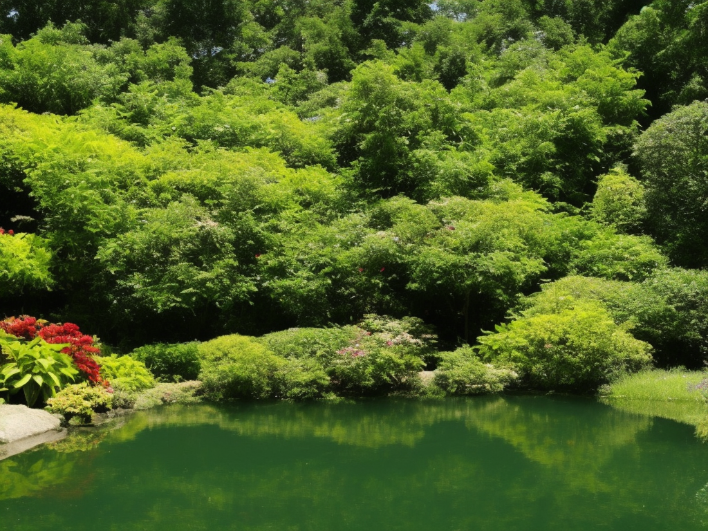 An image of a serene pond in a lush garden, surrounded by blooming flowers