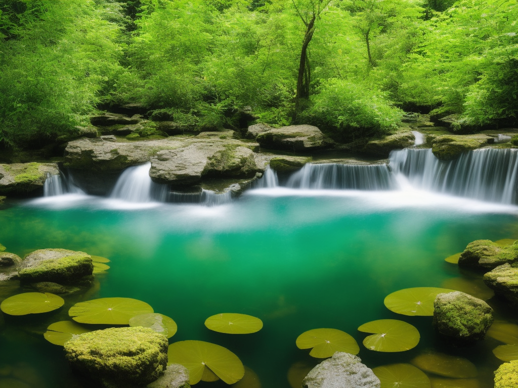 An image showcasing a serene pond surrounded by lush foliage, with crystal-clear water reflecting vibrant colors