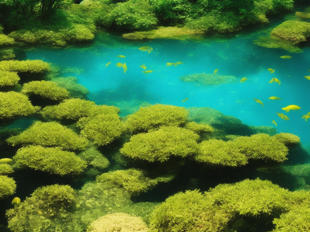 An image showcasing a serene pond with crystal clear water, surrounded by lush green vegetation