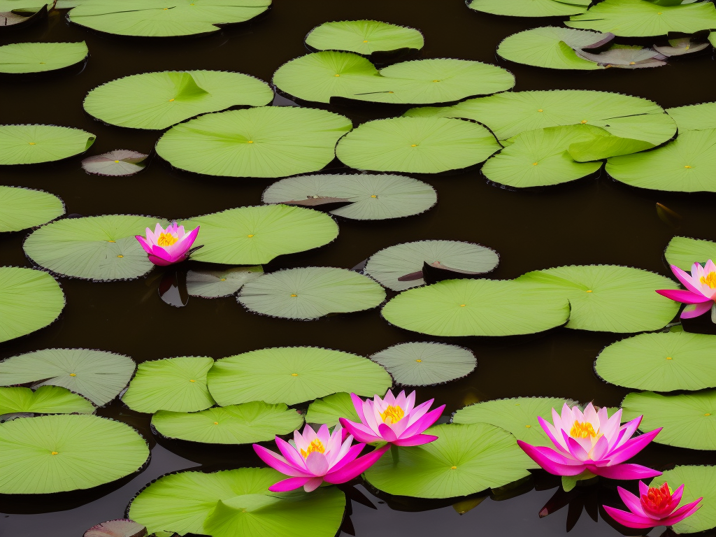 An image showcasing a vibrant container pond brimming with aquatic plants like water lilies, lotus flowers, and floating ferns