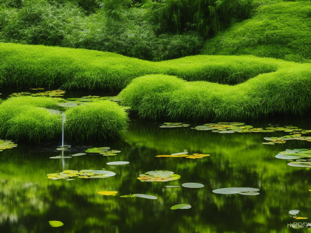 An image showcasing a serene small pond surrounded by lush vegetation, featuring a variety of oxygenating plants such as Hornwort, Waterweed, and Water Hyacinth, exuding a vibrant and healthy ecosystem